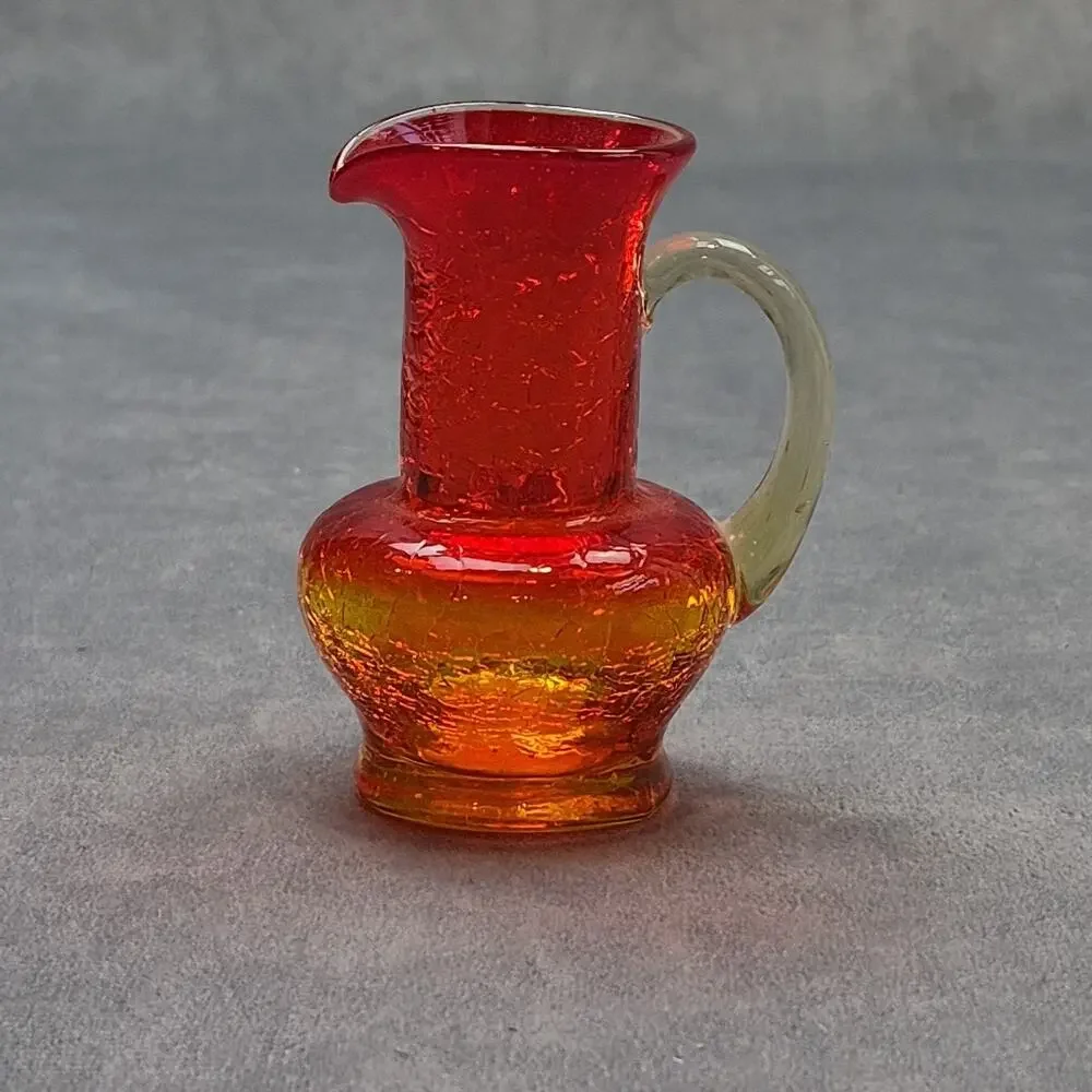 Vintage Miniature Hand-Crafted Amberina Crackle Glass Pitcher Creamer 3.75